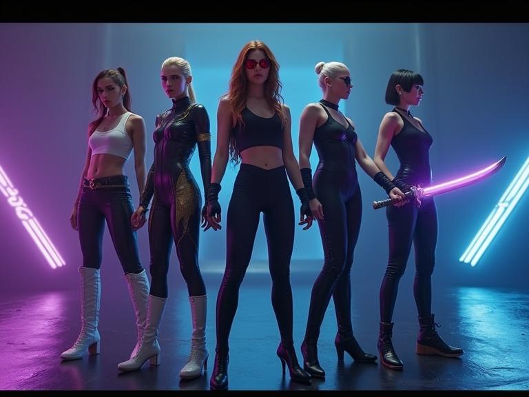Realistic live action cinematic image of female superhero music group. Five women with diverse styles. Fit slim pale women with tight black pants and top, reddish long ponytail. Tall mixed race woman with golden earrings and curly hair wearing tight skirt and golden shoulderless top. Short platinum blonde woman with pigtails and huge earrings with white boots holding glowing wand. Tall woman in black spandex bodysuit with metallic accessories holding a silver disk blade. Woman in black bodysuit and leather jacket with a glowing blue sword. Dark background with spotlights and sleek floor.