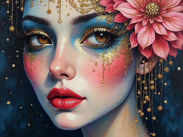 Artwork featuring vibrant colors with a focus on large floral designs. Utilizes techniques like acrylic and watercolors to create texture. Background is in deep blue and turquoise with accents of deep magenta and cream.