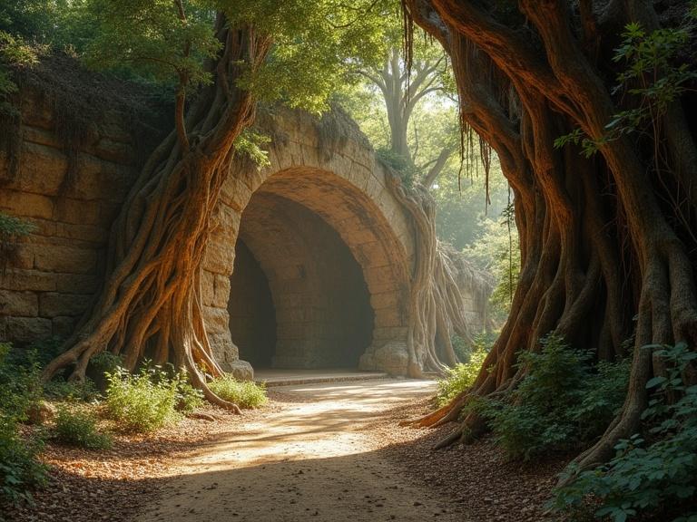 Ancient forest with an overgrown stone archway surrounded by large trees. Soft sunlight streaming through the leaves. A sense of mystery and history in the scene.