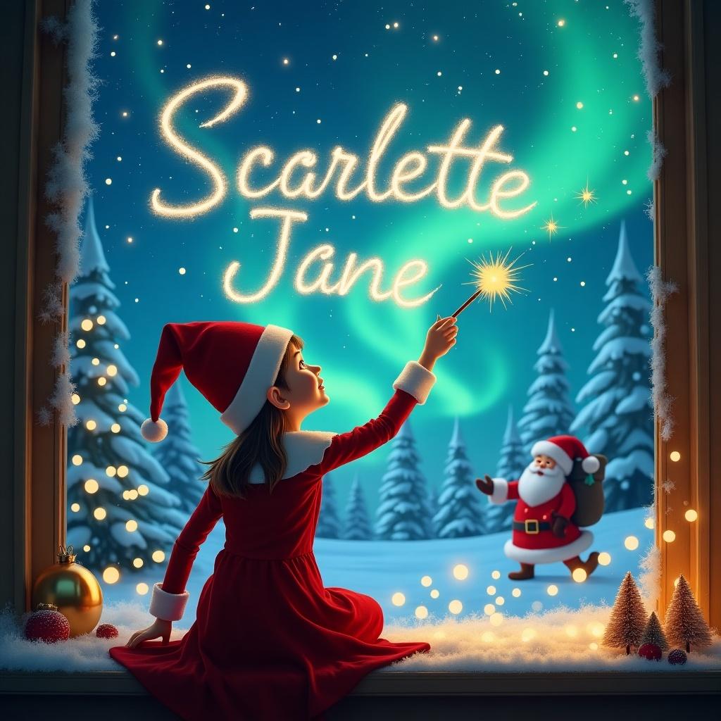 Girl elf on the shelf faces the sky using a wand to write in magical Christmas background. Northern lights and Santa present. Scarlette Jane name written in the sky with elegance.