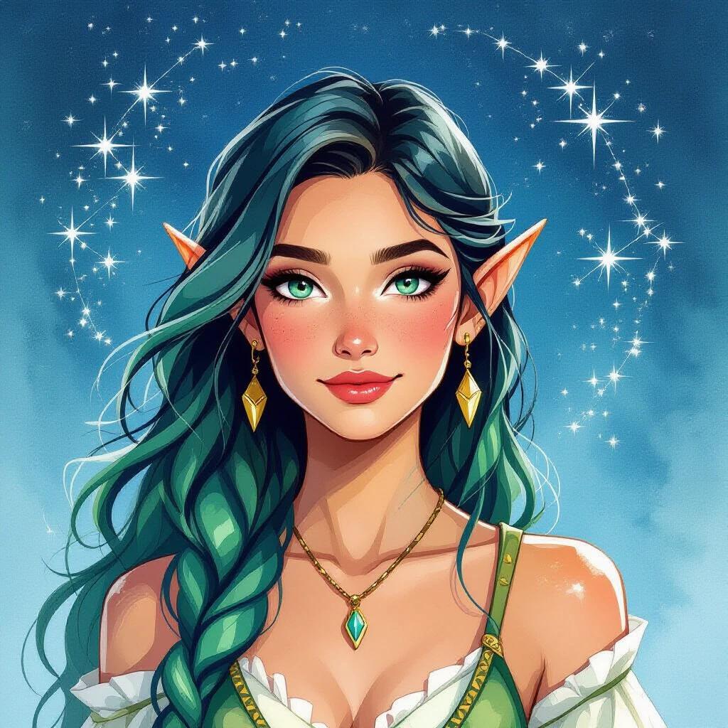 Watercolour illustration depicting a late teenage Triton fish-person female. She has sharp finned ears and green-blue scaled skin. The character hails from a harsh Grecian port city and is portrayed wielding magic with a black stone that creates constellations when light shines through. The attire resembles Ancient-Greek-fantasy clothing. Long, slick-backed green-blue hair adds to the character's presence. The illustration conveys a sense of diving into the stars with simple and plain facial features.