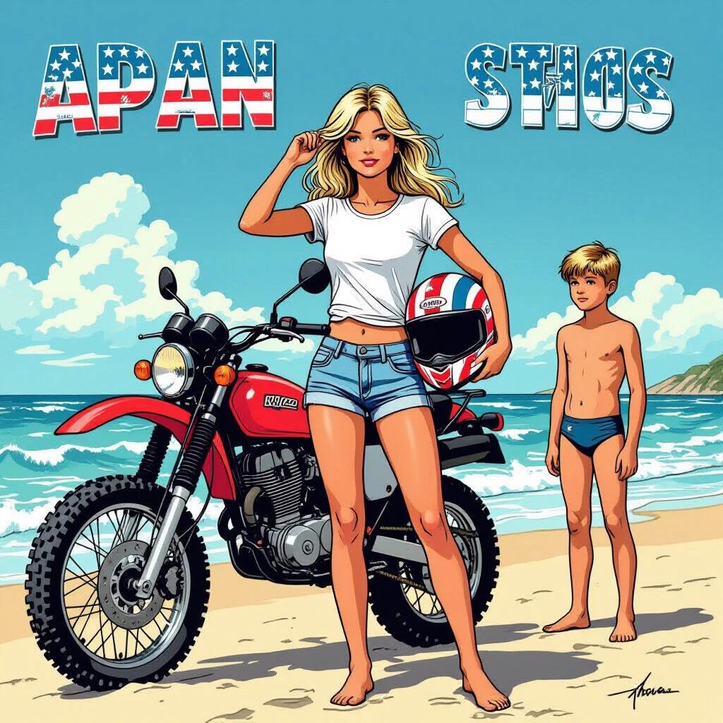 Realistic comic-style image with heavy black outlines. Blonde girl wears a white t-shirt and short jeans. She stands on the beach next to an offroad motorcycle. One hand strokes hair, the other hand carries a helmet painted with stars and stripes. A young boy in blue swimming trunks looks at the motorcycle with a hand on his hip. Bright beach background.