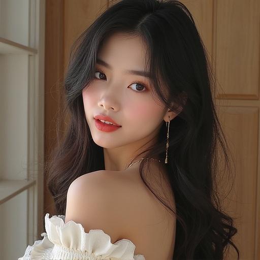 K-pop singer with long hair posing in a soft light. Wearing a ruffled top. Natural makeup and a gentle expression. Background is subtly blurred, creating focus on the subject.