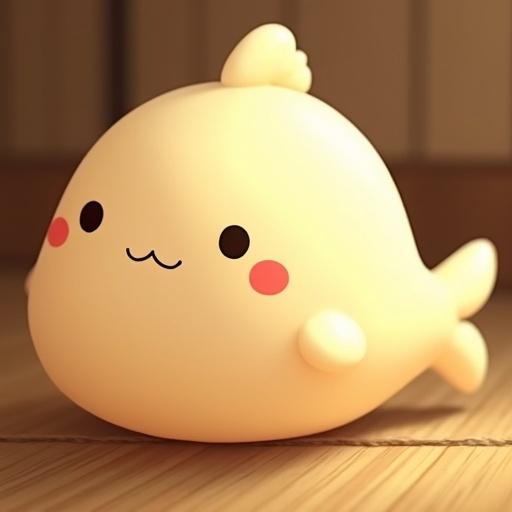 Create a cream-colored round fish-like character. Include two small dot noses, red round cheeks, simple dot eyes, brown round ears, and a rounded tail. Character resembles mochi and has a Japanese background with warm lighting.