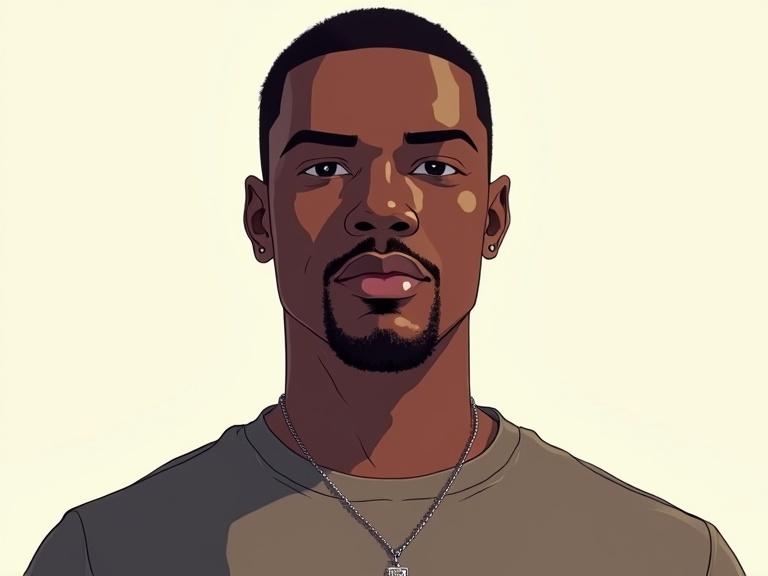 Black male character in GTA style. Directly facing camera. Full frontal view. Bright light with no shadows. Solid color t-shirt. No accessories. No background. Flat colors with 20-color palette.