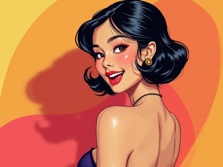 A beautiful Asian girl depicted in modern pin-up style. She appears playful and confident. Background features a vibrant gradient. Skin has a glossy finish with high-contrast shading.