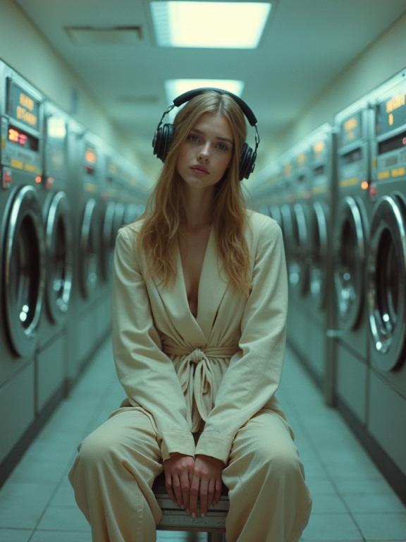 Beautiful European woman with headphones sitting on a chair in a laundromat. Woman is focused in the image. Background features washing machines in a retrofuturistic style. 90s Tokyo influence evident in design and color scheme. Muted pastel tones enhance the atmosphere.
