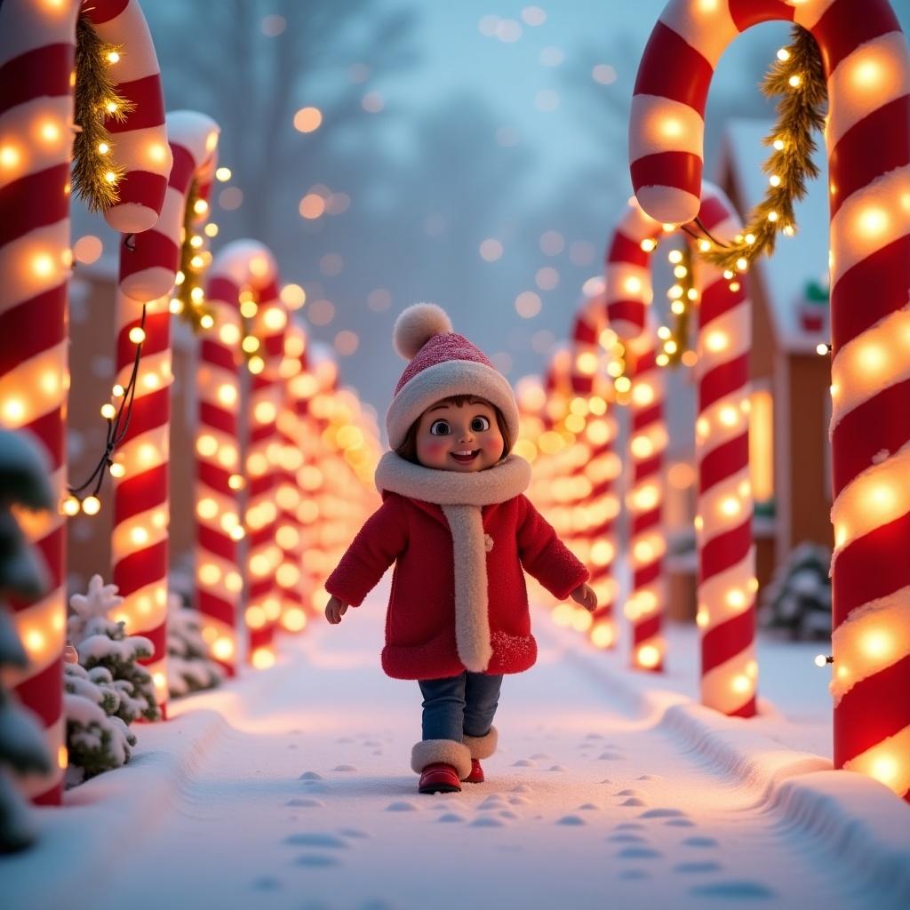 Scene with a child walking through a lane of candy canes. Decorations with lights create a festive atmosphere. Snow covers the ground. Trees are softly lit in the background.