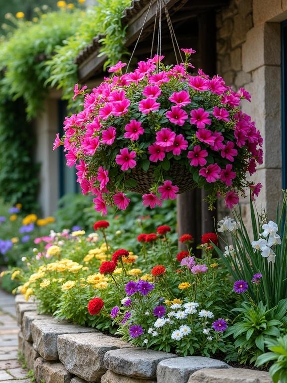 A vibrant garden scene in front of a stone cottage. A garden bed bordered by a rustic stone wall features flowers in pink, purple, yellow, white, and red. A hanging basket of pink and red flowers hangs near the cottage window. The cottage has a stone wall and a wooden window frame. A stone path leads alongside the garden bed with green grass in the background.