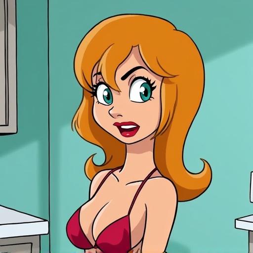 Image of a cartoon female character with blonde hair in a bikini. The character has large expressive eyes. She is standing in a light blue room. Focus on her playful expression and pose.