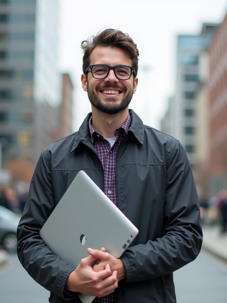 A man stands outside in a city holding a laptop. He is smiling. The background shows modern buildings. The image depicts an urban professional setting.