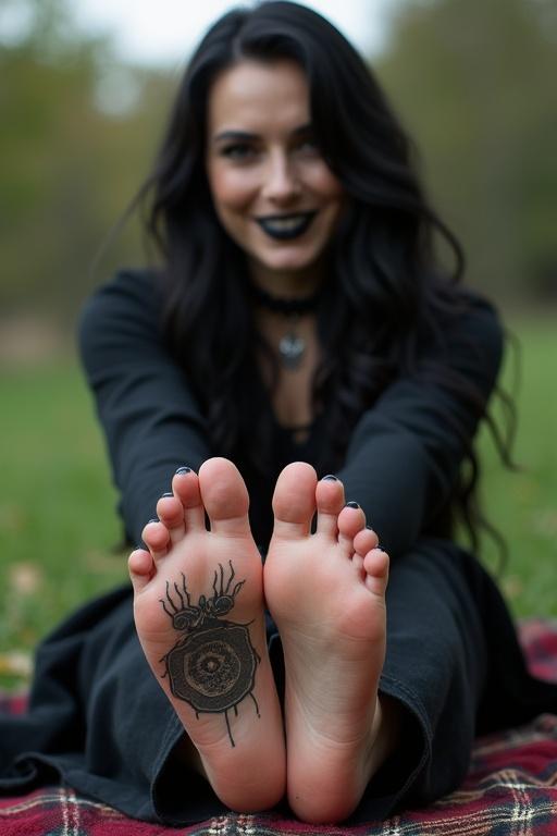 Mature goth woman with long black hair shows tattooed soles of bare feet. Woman sits on a blanket outdoors. Woman smiles.