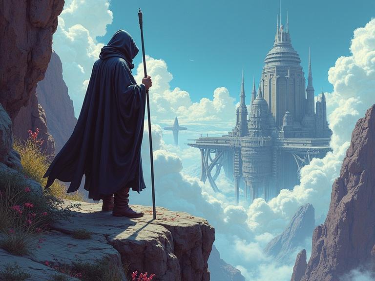 Hooded figure holding a staff on rocky cliff. Futuristic city in the distance surrounded by clouds. 80s sci-fi illustration aesthetics.