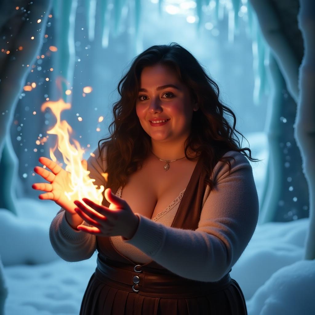 In a magical setting reminiscent of a snowy landscape, a chubby woman with medium olive skin and long wavy dark brown hair creates fire in her hands. The background reflects an icy environment, influenced by the enchanting themes from Frozen. She exudes confidence and warmth as she smiles, contrasting the cool surroundings. The fire's glow illuminates her features, capturing the magic of her ability. This scene beautifully blends fantasy with empowerment, showcasing the charm of a unique character in a winter wonderland.