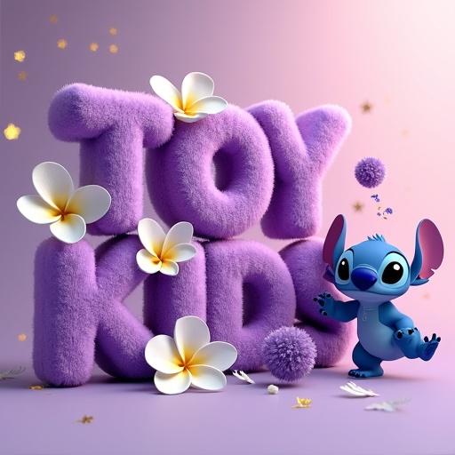 A vibrant 3D render with toy kids in purple fur letters. Letters have white plumeria flowers. Stitch character playfully tossing pom-poms. Soft gradient background from pink to lavender. Diffused lighting with gold glitter bokeh.