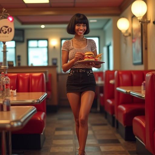 Image of a waitress in an American diner. She has short black hair and wears high heels with a short skirt. The waitress is smiling and holding a plate with hamburgers and sodas. The setting includes red booths and diner decor.