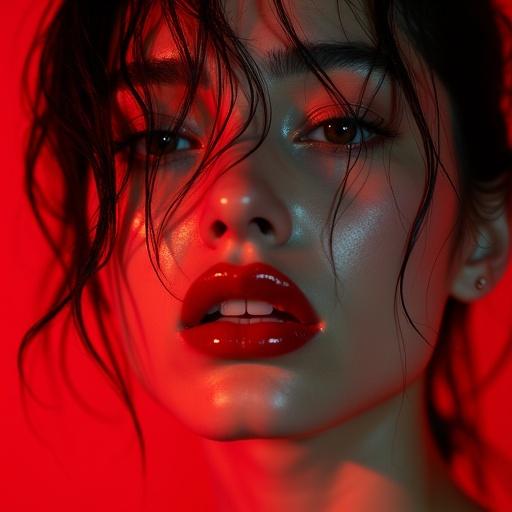 Ultra-detailed close-up portrait captures a woman with wet tousled hair covering part of face. Vivid glossy red lips slightly parted. Smooth porcelain skin glows naturally. Intense shadows and highlights create depth. Dramatic red background enhances the mood. Cinematic lighting establishes a striking effect. Shallow depth of field creates a blurred effect on surroundings. The style reflects high-definition beauty photography with emotional expression.