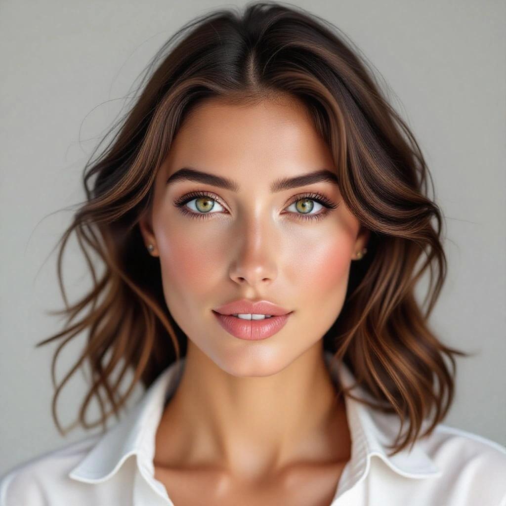 A portrait of a woman with captivating eyes. Her hair is styled in soft waves. She's wearing natural makeup. The background is softly blurred to emphasize her face.