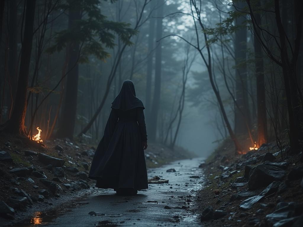 A hooded figure in a dark cloak walking on a misty forest path. The scene is atmospheric with low lighting and glowing elements near the edges. The environment feels mysterious and slightly eerie.