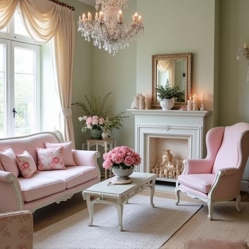 Cottage style living room in cream, light pink, white and sage green. Features rose print pillows, a vase of pink roses, a crystal chandelier, candles, a pink wingback chair, and Louis XIV furniture.