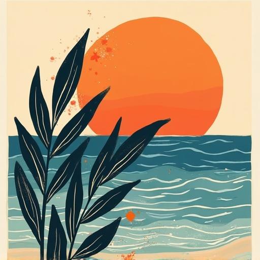 Abstract depiction of a sea landscape featuring dark plant leaves foreground and a large burnt orange sunset in the background with ocean waves.
