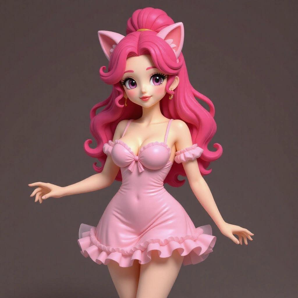 Stylized female figurine designed as a 3D resin sculpture for printing. She has a voluptuous body, delicate face, and soft expressive eyes. Dressed in a pastel pink mini dress with tulle details. Long pink wavy hair styled in a high bun. Features rounded ears and a short tail. Stands on a decorative base with musical motifs. Holds a microphone, looking charming and sweet.