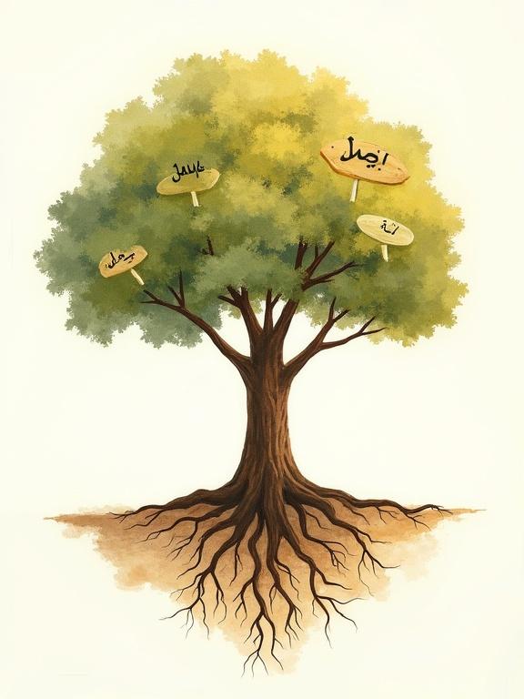 Illustration of a large tree with deep roots. Roots labeled with Arabic word for values. Strong trunk with flourishing branches. Each branch has leaves with Arabic words for success creativity achievement. Poetic minimalistic style with soft colors and textured brushstrokes. Calm and inspiring presentation suitable for personal growth themes.