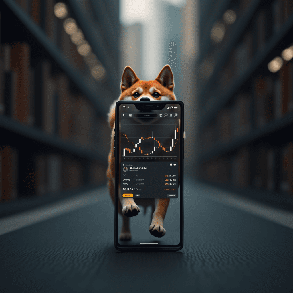 A dog playfully holding a smartphone displaying cryptocurrency charts, set in a blurred urban backdrop.