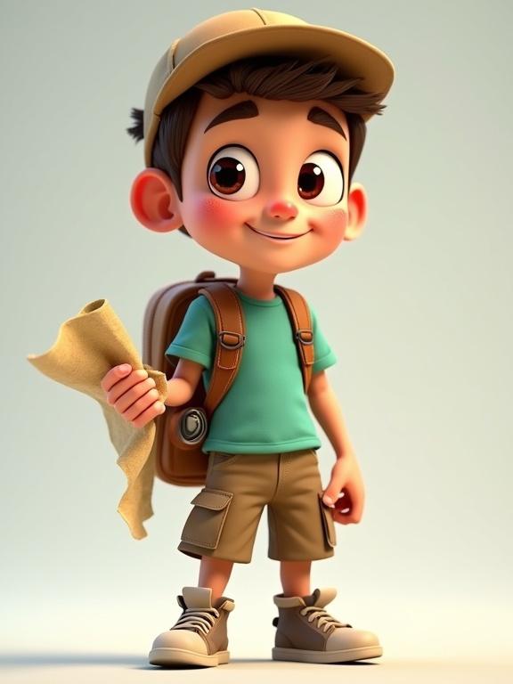 3D cartoon character of a young male explorer with large expressive eyes and a confident smile. Clothing includes a bright green t-shirt and cargo shorts, wearing sturdy sneakers and a small backpack. Holding a treasure map, ready for adventure, showcasing enthusiasm and excitement.