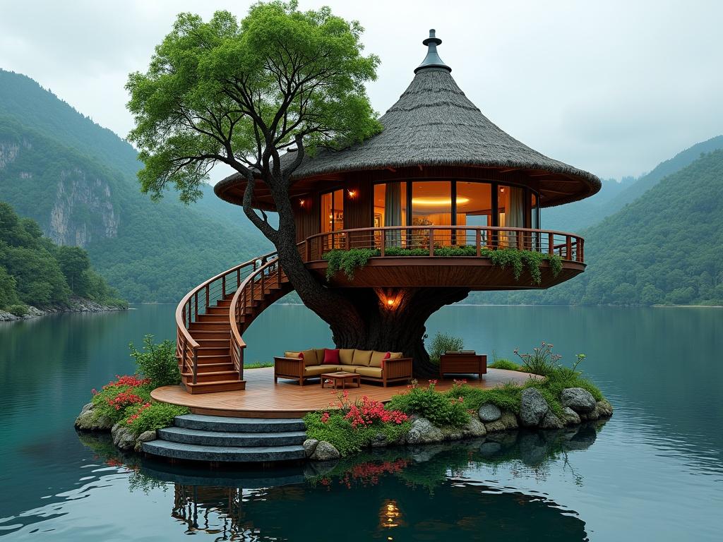 Charming circular treehouse retreat on a small island in a serene lake. Surrounded by lush green forested hills. Features thatched roof and glowing interior lights. Includes wraparound glass windows and wooden spiral staircase. Entrance road made of black stone. Adorned with vibrant red flowers and cozy seating area. Dreamlike fusion of rustic architecture and natural beauty.
