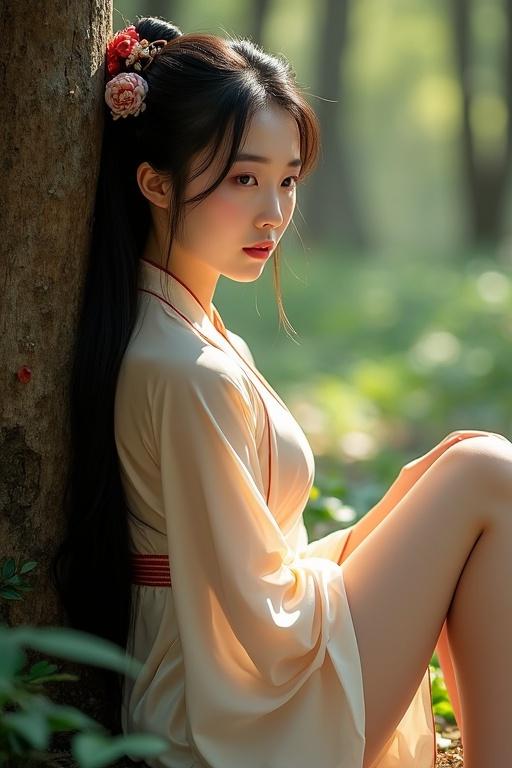 Image of young woman wearing traditional Chinese silk dress. She rests against a tree trunk in a forest. Sunlight illuminates her figure. Her hair is styled with a traditional headdress. She has bright brown eyes and a graceful pose.