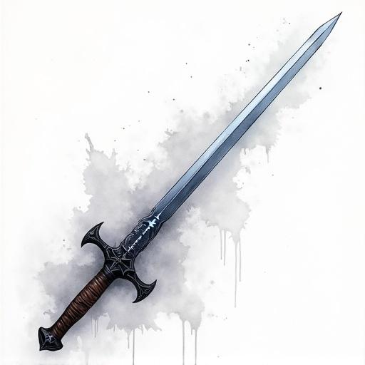 Longsword design for RPG books. Realistic steel blade with sheen. Engraved with glowing white runes. Dark blue crossguard and leather grip. Background features abstract grey watercolor washes and ink splatters. High contrast sketch-like style.