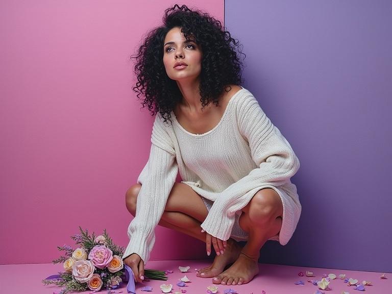 A woman with curly dark hair crouches against a gradient background of magenta and purple. She wears a white knit sweater falling off one shoulder. She holds a bouquet of pastel-colored flowers tied with lavender ribbons. Flower petals are scattered at her feet. Her gaze is directed away from the camera. The painting shows thick layers of paint with visible brushwork, achieving an impasto effect. High-detail textures in the sweater, flower petals, and ribbon are evident.