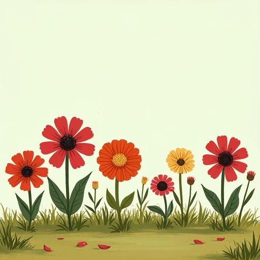 Illustration of colorful flowers in a garden setting. Each flower has a distinct color and personality. Bright and cheerful composition.