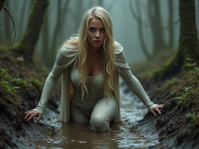 Stunning blonde woman in a form-fitting white corset costume crouches in thick mud with a scared expression. Captivating blue eyes emphasized in the misty forest. Long hair cascades down. Leaning forward, reaching for the camera. Dense forest features mossy vines, dead trees, and overgrown plants. Mood of desperation and fantasy scenery without visible water.