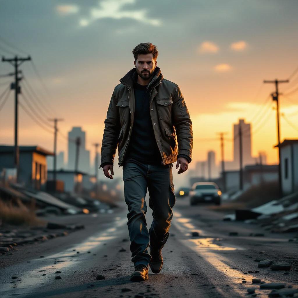 Image of a man walking in a post-apocalyptic world. The scene depicts a deserted road with city skyline in the background. The atmosphere is tense and evocative. The man is dressed in rugged clothing, suggesting a survivalist vibe. The sunset casts an orange glow over the scene. Power lines and debris are visible, adding to the desolation.