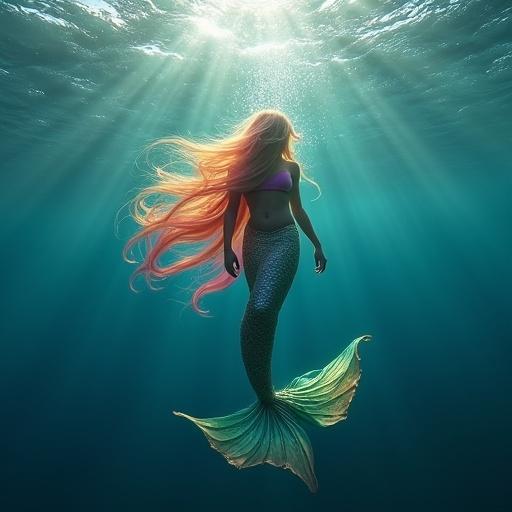 A realism photo of a mermaid with rainbow long hair swimming under water to reach the surface of the sea.