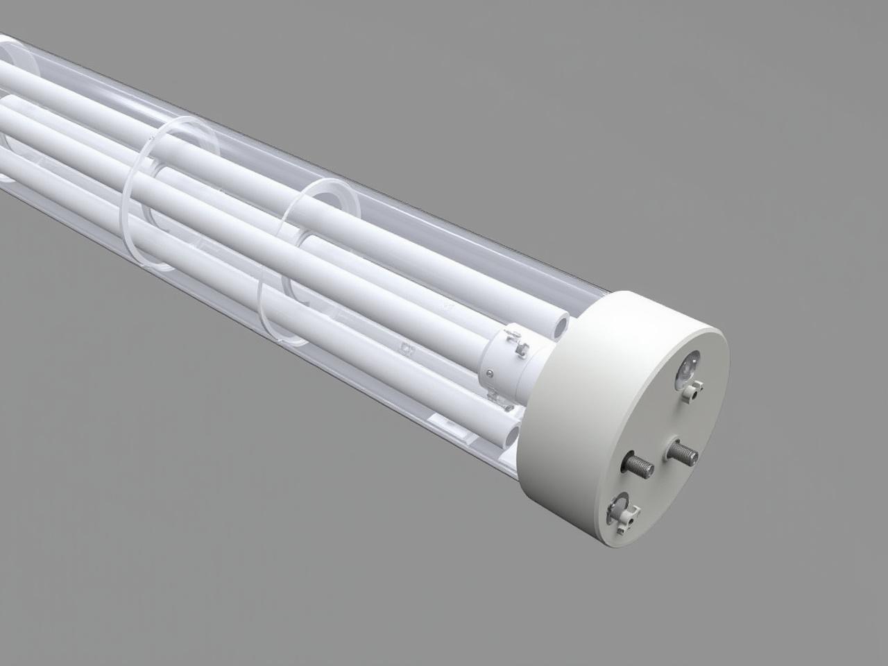 The image shows a 3D model of a cylindrical object with a transparent outer casing. Inside, there are several elongated components that appear to be tubes, which are typically used in devices like fluorescent lamps. The ends of the cylinder are rounded, suggesting a designed closure. There are also visible connectors or mounting features at the base of the cylinder, indicating how it might be installed or connected to other equipment. The overall design seems to focus on compactness and functionality, possibly for use in lighting or similar applications.