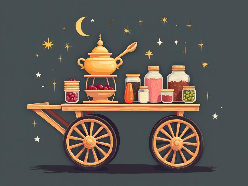 Illustration of traditional cart with Ramadan decorations. Cart has a balila pot and various jars. Topped with stars and a crescent moon. Dark gray background.