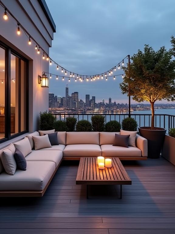 Stylish rooftop patio during twilight with a view of a city skyline. Outdoor sofa with light beige cushions and a wooden frame. Potted greenery adds charm. Warm string lights hang overhead. Coffee table holds lit candles. City buildings reflect on water. Relaxing and modern atmosphere.