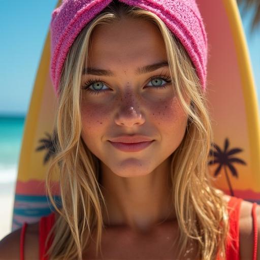 Portrait of a young woman with wet hair. Wearing a pink sparkly headscarf. Also wearing a red top. She has freckles and blue eyes. There is a surfboard with sunset and palm tree design in the background. Close-up shot.