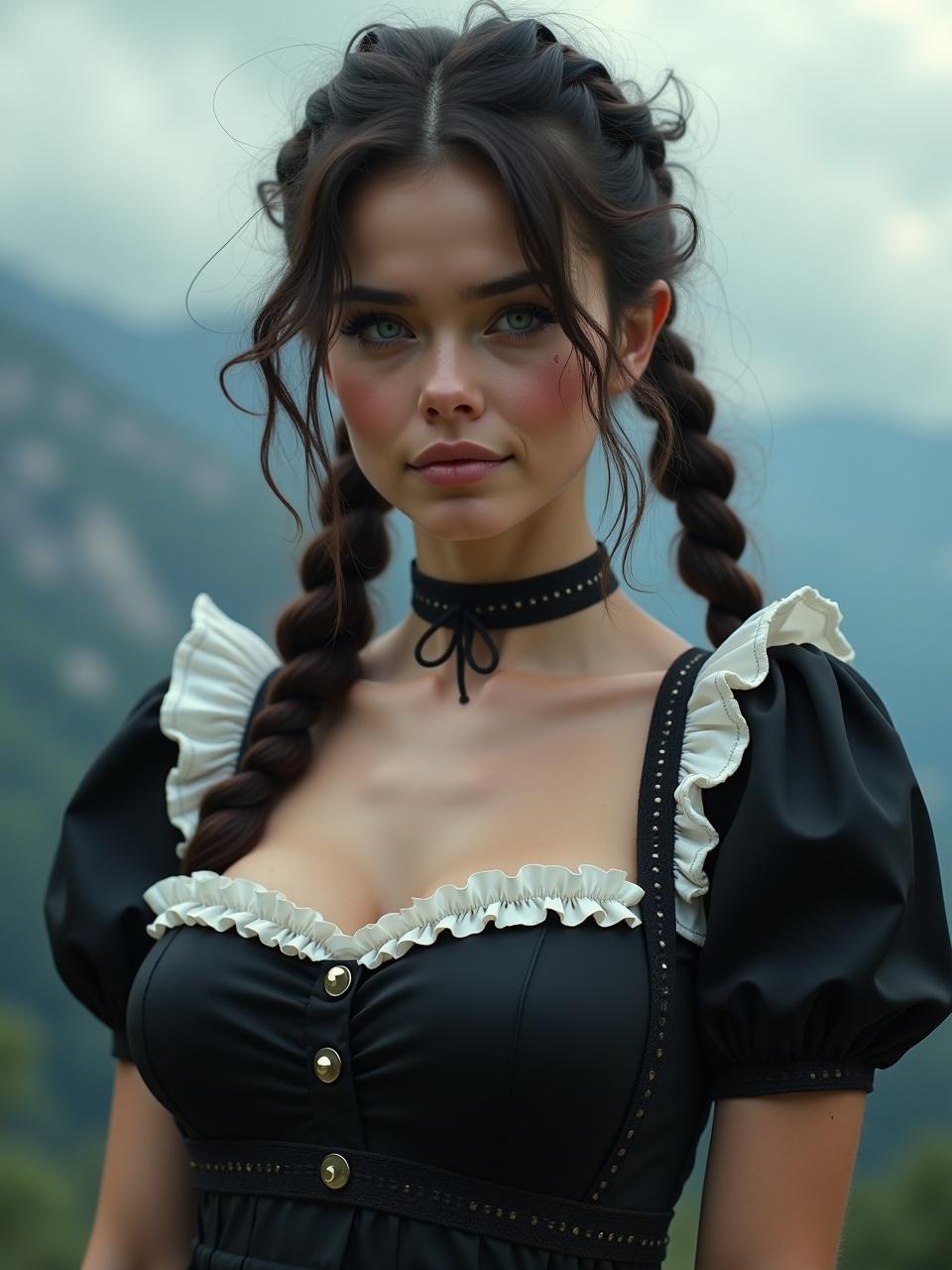 a young woman in traditional attire with braided hair, standing in a picturesque mountain setting