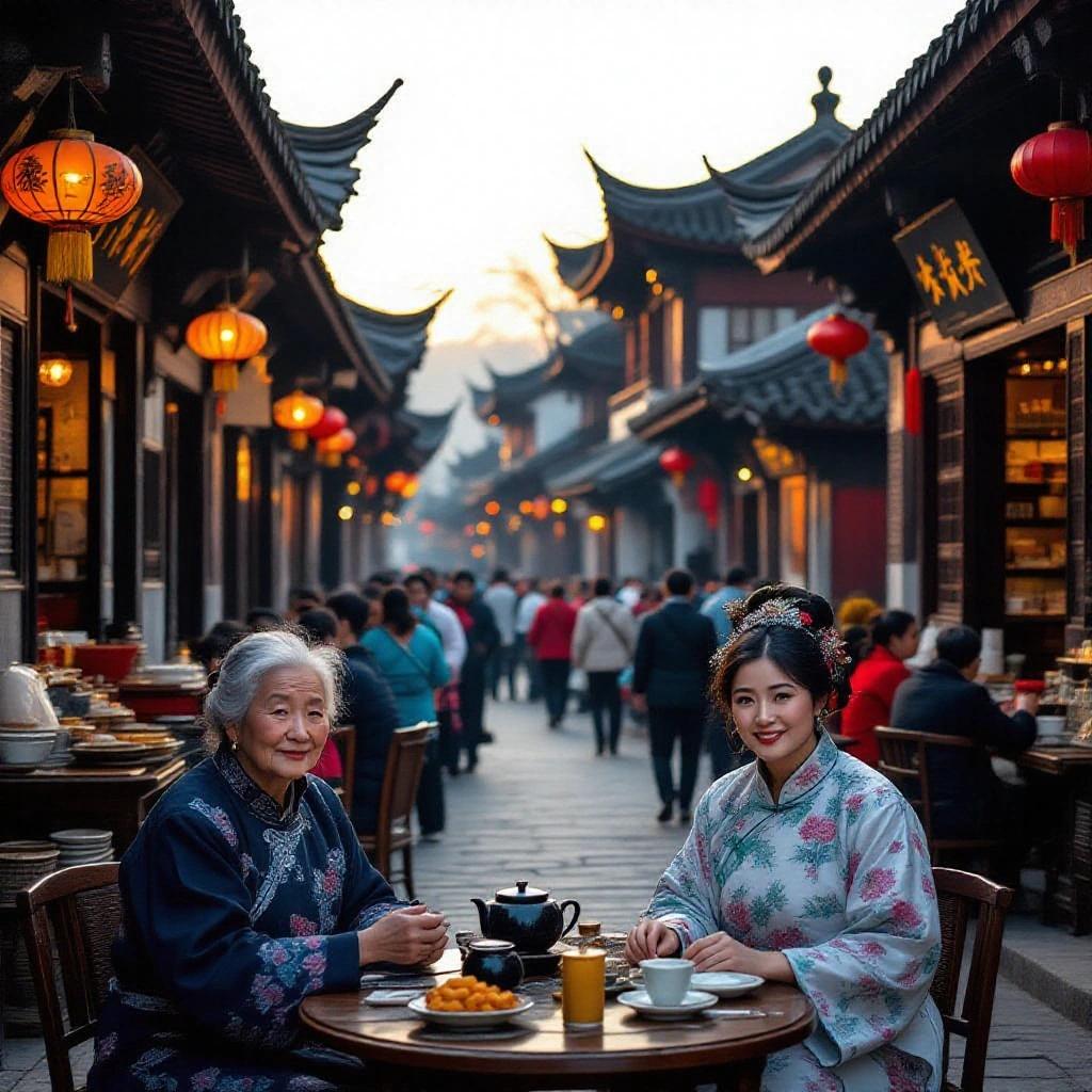 High-quality image showcasing two women in traditional Chinese dress at a tea shop. Scene set in an ancient alley during sunrise. Traditional buildings with dark roofs and aged walls line the street. People dressed in ancient Chinese clothing around them.