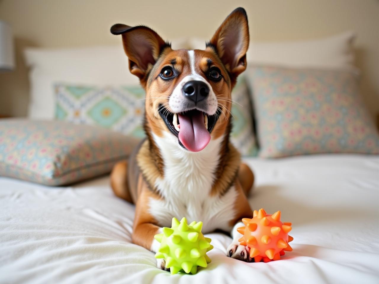 A happy dog is sitting on a light-colored bedspread. The dog has a mix of brown and white fur and is smiling wide with its tongue out. Its large, expressive eyes and perked ears give it a playful look. In front of the dog, there is a colorful rubber ball with spikes, indicating it’s a toy. The background shows a cozy room with patterned pillows. The overall atmosphere is joyful and relaxed.