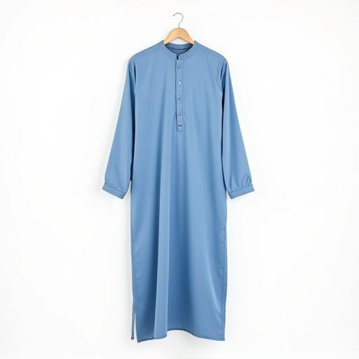 Plain blue shalwar kameez hangs on a wooden hanger against a white background. The clothing is simple with no embroidery. The image shows the full length of the garment.
