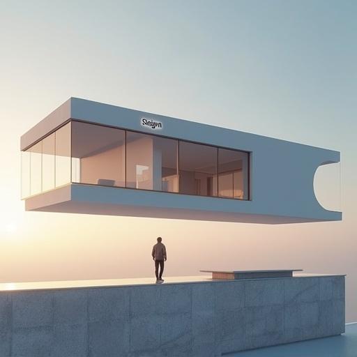 A sleek futuristic villa features minimal design inside a floating glass cube. The background has a soft navy and beige gradient. A small person stands nearby, amazed, as the Steigen logo shines at the top. Below, the slogan appears: "Step Into the Future. Live Steigen." Cinematic lighting and soft shadows enhance the ultra-real, modern feel.
