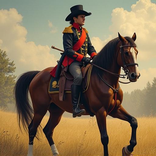 Napoleon riding a horse depicted in a comic style inspired by young witches.