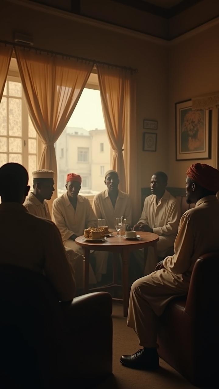 A group of men in traditional attire share a moment around a cozy room with soft lighting.