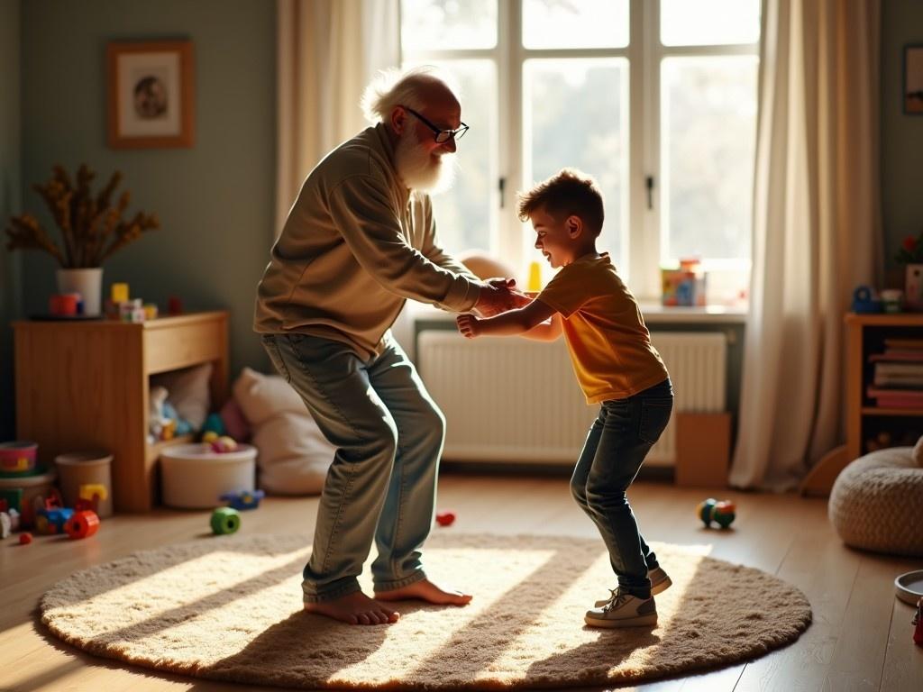 A joyful scene captures a bearded elderly man and a young boy dancing together. They are on a round rug in a cozy, warmly-lit bedroom. The window lets in soft, natural light, adding to the warmth of the room. The elderly man is smiling as he holds the boy's hands, showcasing their joyful interaction. The boy is playful and enthusiastic, fully engaged in the moment. The background features a welcoming, family-friendly environment filled with toys and personal items.