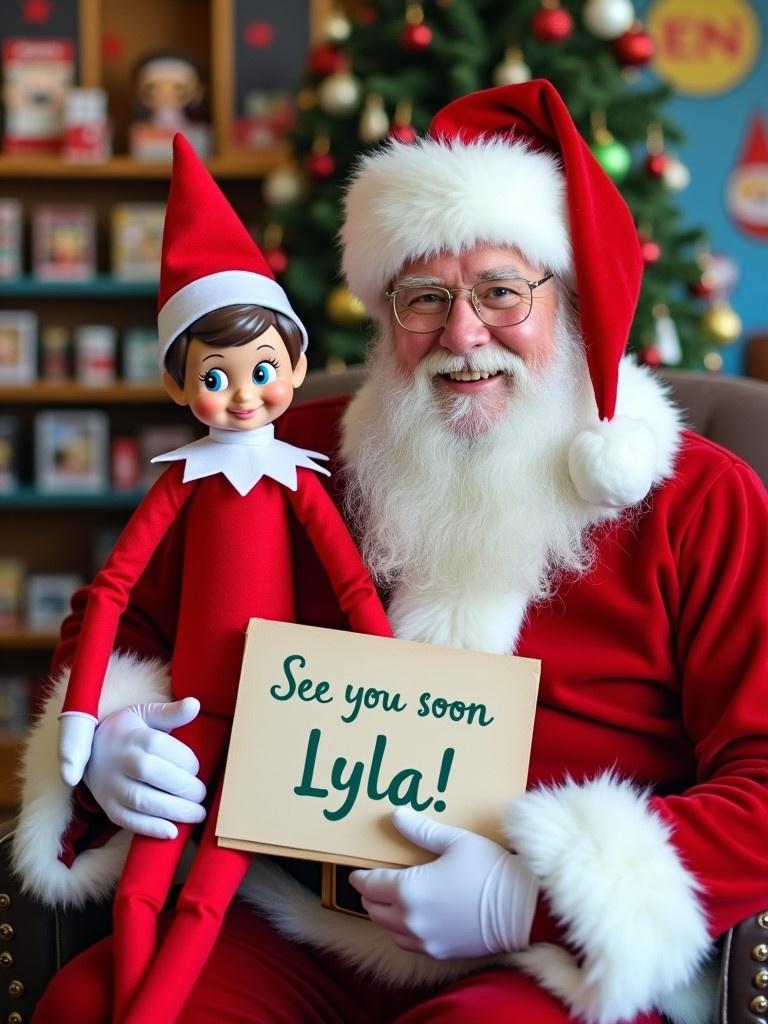 Elf on the Shelf in red outfit sitting next to Santa. Elf holds sign reading ‘See you soon Lyla!’ In the background, colorful toy workshop with holiday decorations. Santa wears classic red suit with white beard. Warm inviting atmosphere perfect for Christmas. Scene conveys joy and holiday spirit.